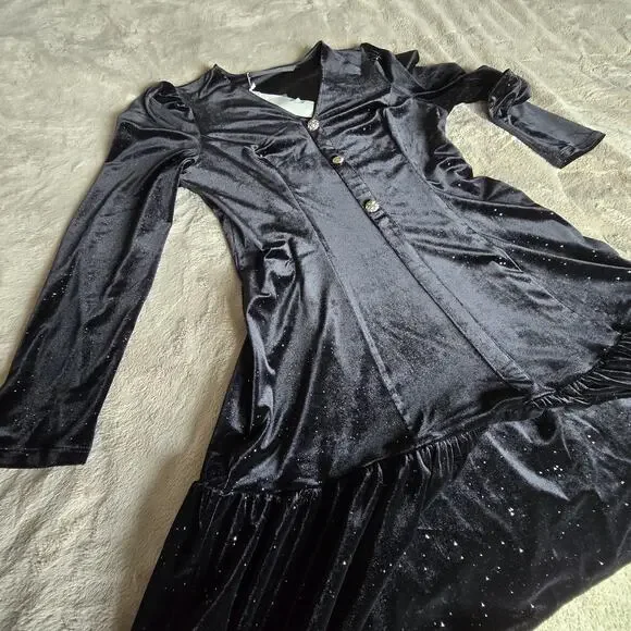Black Velvet Mini Dress Button Front Long Sleeve Sparkle Holiday Party Cocktail - Picture 16 of 16